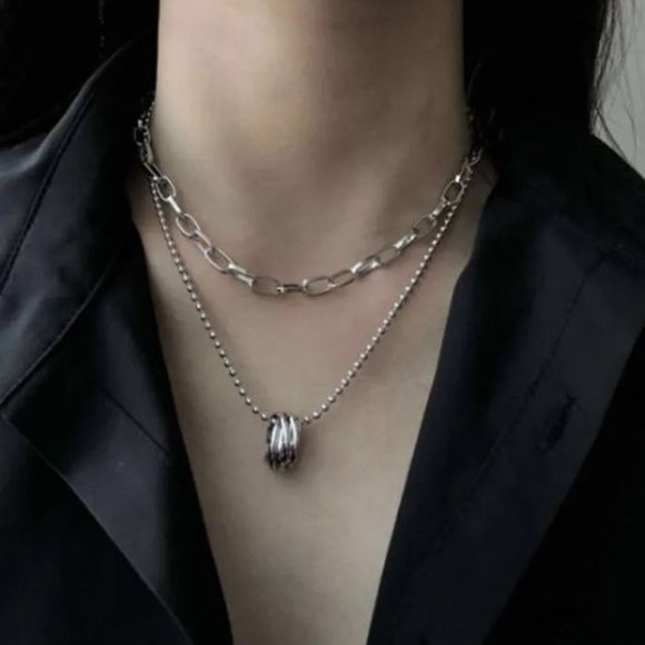 Silver Tone Layered Chain Link Ring Necklace - Picture 1 of 4